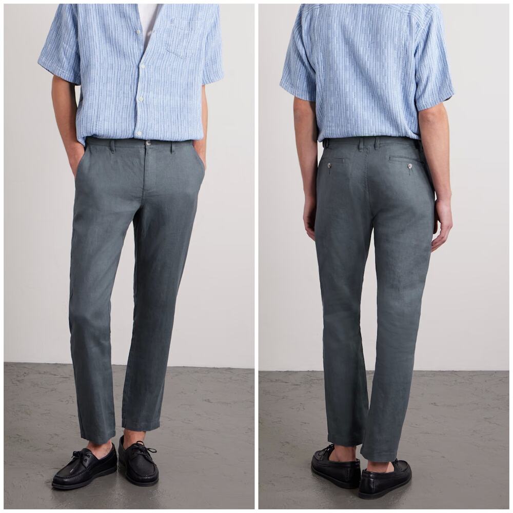 ONIA Mens' Straight-Leg 100% Linen Trousers Grey Size 34 Casual Flat Front